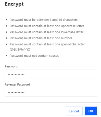 The Encrypt window displays a valid password created.